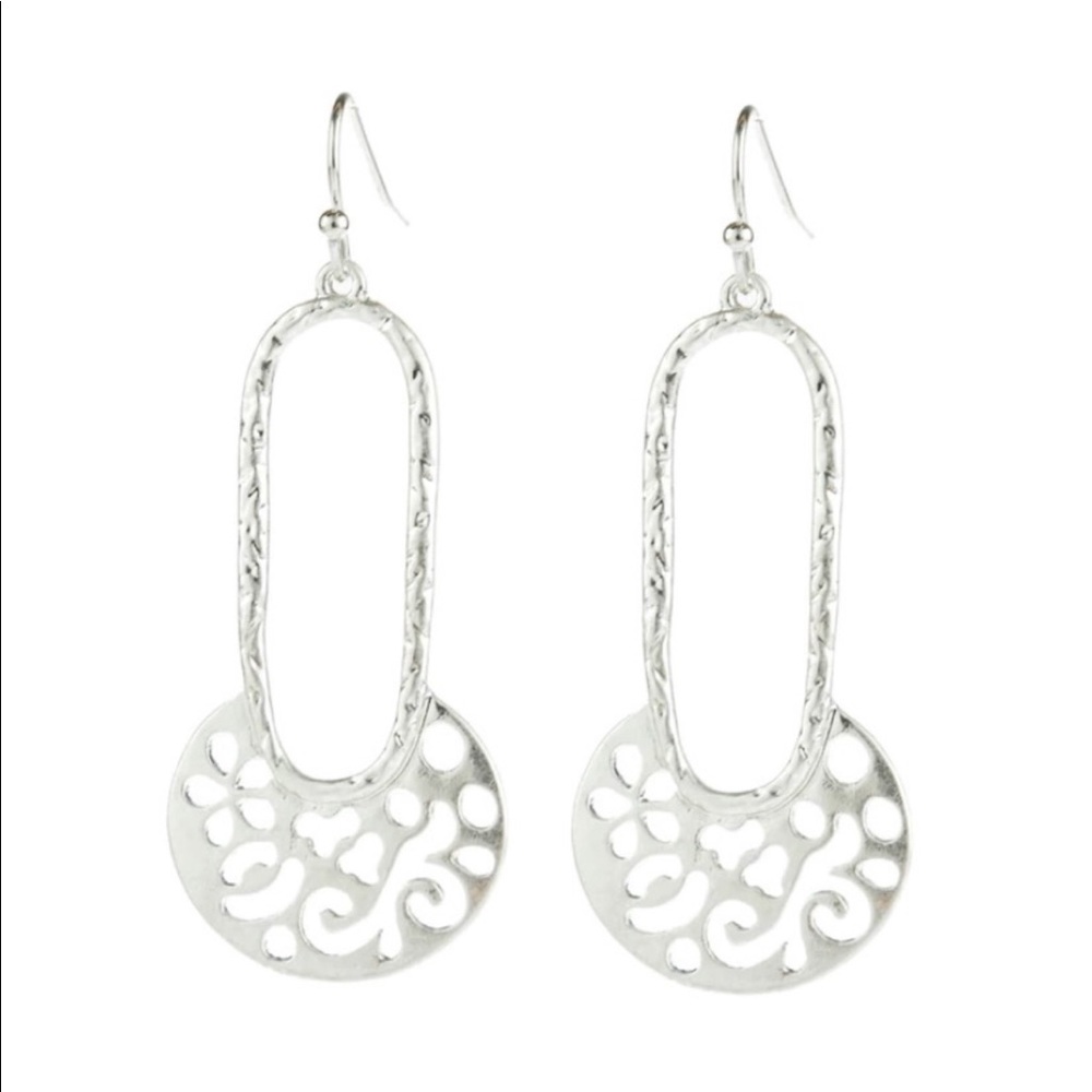 Silver Moroccan Filigree Geometric Dangle Hook Earrings - Bohemian Flower Petal